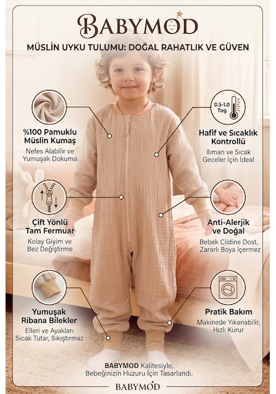 Baby Mod Müslin Uyku Tulumu 1.0 Tog Çocuk Yazlık Uyku Tulumu Uyku Gurusu %100pamuk Doğal Kumaş Bej
