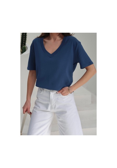 Paw Garage Kadın Massi İnterlok Kumaş V Yaka Oversize T-shirt Mavı