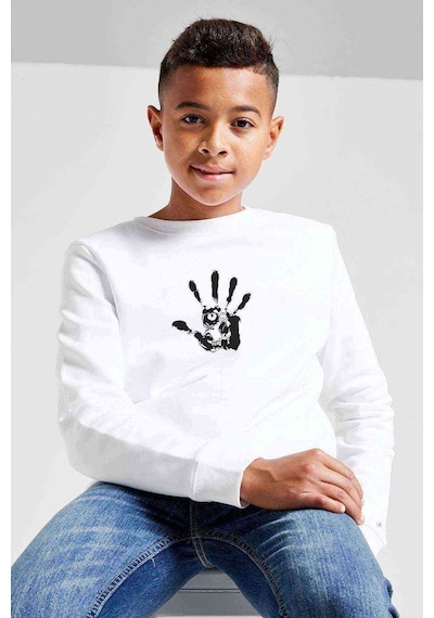 Tshirthane Kurukafa El Baskılı Unisex Çocuk Beyaz Sweatshirt Beyaz