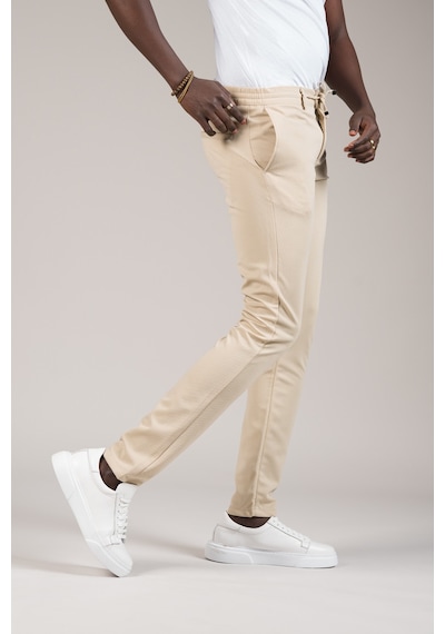 Advante Slimfit Dokulu Dar Paça Beli Lastikli Ve İplikli Yazlık Jogger Pantolon Krem