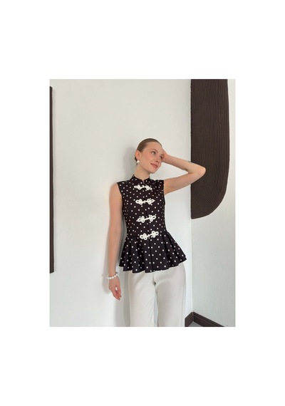 Verymoda Çin Düğmeli Puantiyeli Bluz D3074 Siyah
