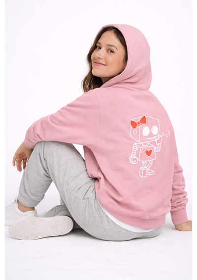 Robot Baskılı Sevgili Kombini Oversize Hoodie Seti Kadın Erkek Un Pembe