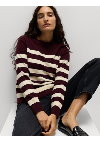Marks & Spencer Air-yarn Çizgili Yuvarlak Yaka Triko Kazak Bordo