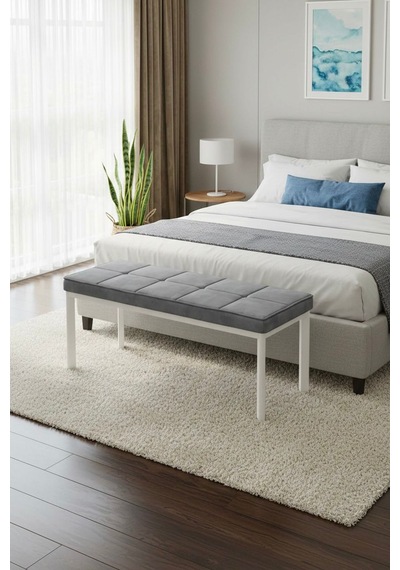 Vena 105x40 Bench - Babyface Kumaş Çımalı Döşeme Puf Bench Beyaz Ayaklı Antrasit