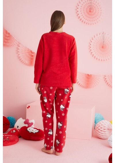 Siyah İnci Lisanslı Polar Çok Renkli Nakışlı Bisklet Yaka Pijama Takım Hk320 Kırmızı