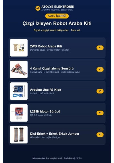 Çizgi İzleyen Robot Araba Kiti 2wd + Arduino + Motor Sürücü + 4 Kanal Sensör - Jumper Hediyeli