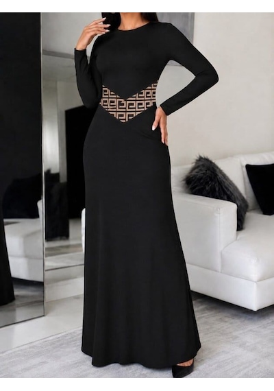 Meridefashion Uzun Kollu Bisiklet Yaka Bel Geometrik Korsaj Detaylı Uzun Dalgıç Elbise - 62682 S/m Siyah Meridefashion Uzun Kollu Bisiklet Yaka Bel Geometrik Korsaj Detaylı Uzun Dalgıç Elbise - 62682 S/m Siyah