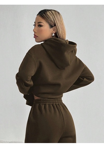 Macklin Unisex Kadın Erkek Healty For Baskılı Oversize 3 İplik Kapüşonlu Sweatshirt Ve Baggy Eşofman Altı Kahverengi