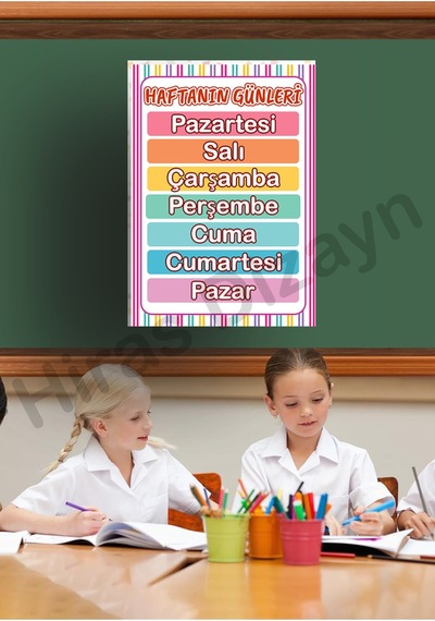 Haftanın Günleri Afişi Eğitici Çocuk Posteri Okul Öncesi İlkokul Sınıf Duvar Panosu Öğretmen Materyali 30x42cm A3 Kalın Kuşe Kağıt