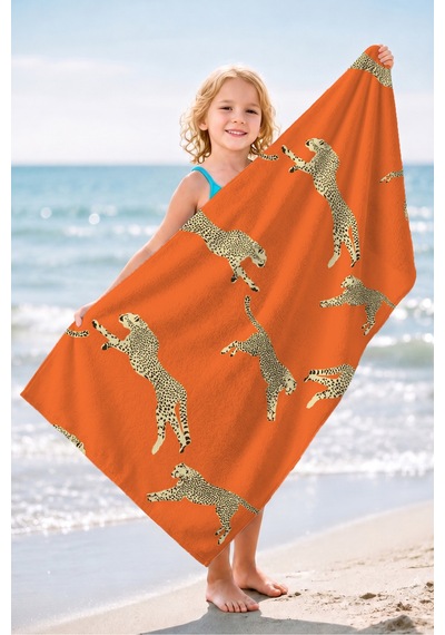 Leopar Safari Turuncu Plaj Havlusu - Egzotik Modern Hayvan Temalı Hızlı Kuruyan Mikrofiber Havlu Berrak Karamel