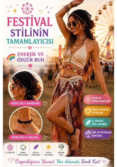 Kadın El Örgüsü Üçgen Bandana Halhal Ayak Bilekliği Hediyeli Bohem Yazlık Saç Bandanası Plaj Tatil Festival Aksesuarı Siyah