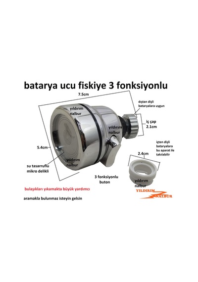 Mutfak Batarya Ucu 3 Foksiyon Krom Kaplama Oynar Duş Perlatör Fil