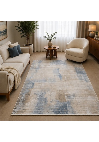 Otantik Modern Eskitme Saçaklı Dokuma Salon Halısı Krem Mavi Vizon 200x290 Cm 11