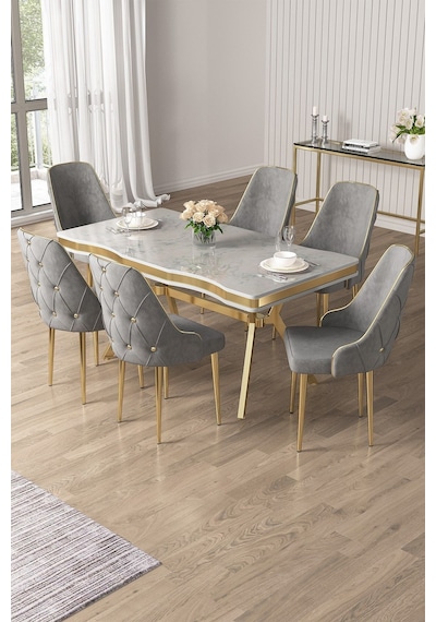 Canisa Vae Serisi 90x160 Lak Panel Beyaz Mermer Desen Gold Ayak Masa Takımı 6 Gri Sandalye Beyaz Mermer Desen Masa Sandalyeler Gri Canisa Vae Serisi 90x160 Lak Panel Beyaz Mermer Desen Gold Ayak Masa Takımı 6 Gri Sandalye Beyaz Mermer Desen Masa Sandalyeler Gri