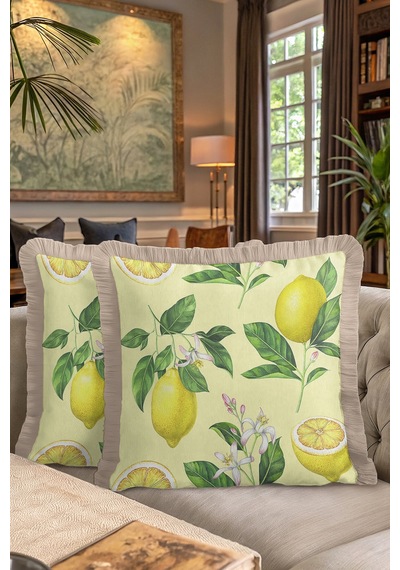 Limon Çiçeği Bahçe Saçaklı Yastık Kılıfı - Canlı Akdeniz Retro Sarı Püsküllü Kırlent Kılıfı Gün Batımı Beyaz