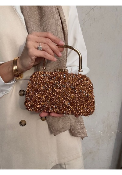 Çanta Trend Kristal Dökme Rose Taşlı Burslu Kadın El Ve Uzun Zincir Askılı Abiye Çanta Bakır