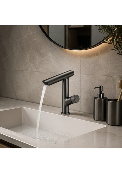 Antrasit Modern Tezgah Üstü 360 Döner Banyo Lavabo Bataryası Siyah
