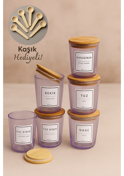 Motto - 6'lı Bambu Vakum Kapaklı Kaşık, Etiket Hediyeli, Mor Cam Saklama Kabı Baharatlık Seti 315 Ml Diğer