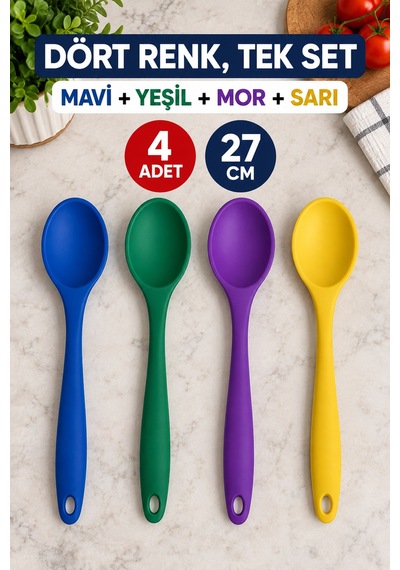 4'lü Set Mavi Yeşil Mor Sarı, Büyük Boy Silikon Kaşık Seti 27 Cm, Mutfak Yemek Pişirme Servis Kaşığı