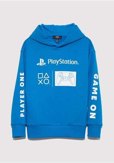 Mavi - Playstation Baskılı Kapüşonlu Mavi Sweatshirt 6s10131-70772 Mavi