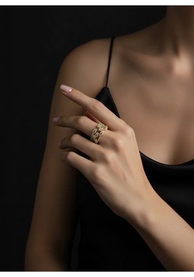 Valmont Accessories Kadın Gold Renk Beyaz Damla Taşlı Çok Sıralı Yüzük