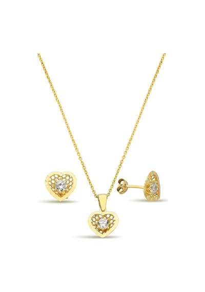 18k Altın Kaplamalı 925 Ayar Gümüş Kalp Set - 67018302 Altın
