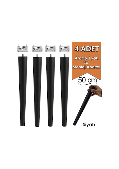 4 Adet Ahşap Ayak 50 Cm Siyah M8 Civatalı Bağlantı Aparatlı Mobilya Tabure Sehpa Masa Destek Ayağı Siyah