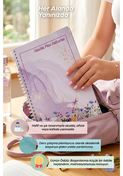 Mor Çiçekler Spiralli Günlük Planlama Defteri - 100 Sayfa - 17x24 Planlayıcı Defter Beyaz - Bej