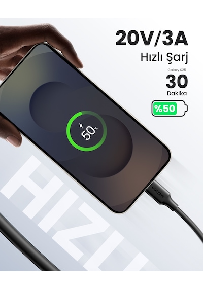 Ugreen 2.0 A Type-c & Type-c Data Ve Şarj Kablosu, 1.5 Metre, Siyah, 50998