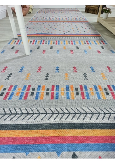 Gri Ve Çok Renkli Geometrik Desenli Modern Yolluk - Tk304ou