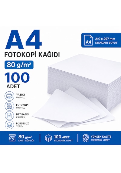 A4 Kağıt 100 Adet 80 Gr Fotokopi Kağıdı Yazıcı Kağıdı Beyaz Copy Paper Ofis Okul Ev