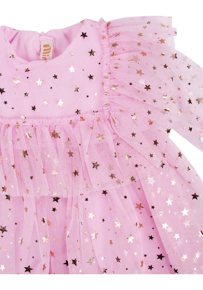 Bebegen Kız Çocuk Pembe Gold Yıldız Desenli Tüllü Elbise Çok Renkli