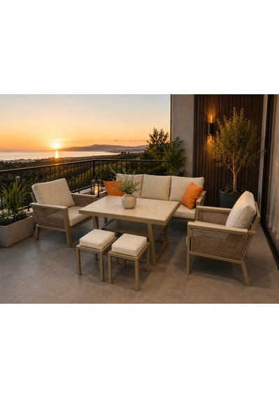 Kanyon Metal Bahçe Balkon Teras Koltuk Takımı 3+1+1+masa+2 Adet Puf Krem