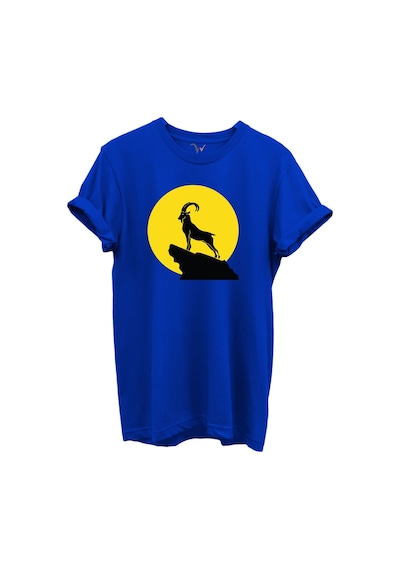 Dağ Keçisi Siluet Baskılı %100 Pamuk Regular Fit Bisiklet Yaka Unisex T-shirt Saks Mavi