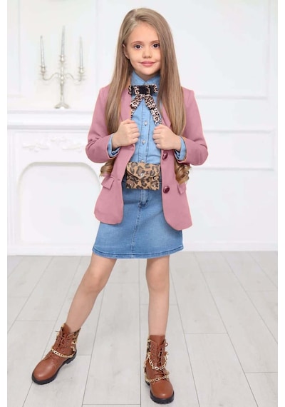 Riccotarz Kız Çocuk Leopar Desenli Fiyonk Detaylı Kot Gömlek Pudra Blazer Ceket Etekli Takım Pembe Riccotarz Kız Çocuk Leopar Desenli Fiyonk Detaylı Kot Gömlek Pudra Blazer Ceket Etekli Takım Pembe