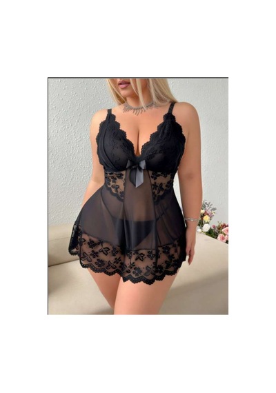 Real Passione Büyük Beden Çiçek Desenli Tül Gecelik Külot Takım Siyah - 906780192 Siyah
