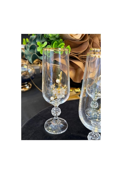 6 Adet Bohemia Kristal Gold Yaldızlı İnci Broşlu Kahve Yanı Su Bardağı Kadeh Altın