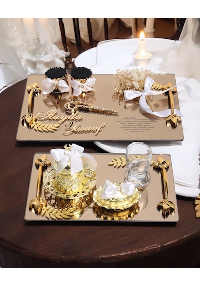 Harmony Gold Söz Nişan Tepsisi Ve Damat Kahve Fincan Tepsisi Beyaz Beyaz