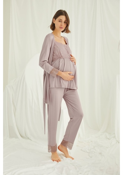 Lohusa Sepeti Lohusasepeti Sabahlıklı Dantelli Omuz Lohusa Pijama Takımı Vizon - 18441 001
