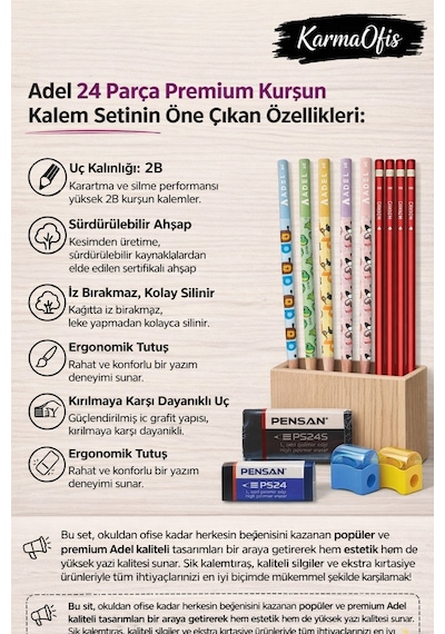 24 Parça Premium Kurşun Kalem Seti + Silgi + Kalemtıraş 2b Çizim Ve Yazı Kalemi Seti Ekru