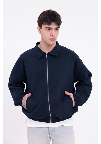 Erkek Gabardin Kumaş Fermuarlı Oversize Beli Lastikli Mevsimlik Ceket-265 Lacivert