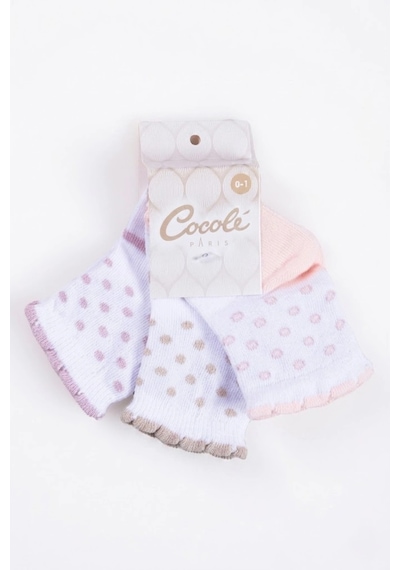 Cocole Socks Kız Çocuk Soket Çorabı 3 Lü Set Pamuklu Fırfırlı Bilekli & Puantiye Desenli Çok Renkli