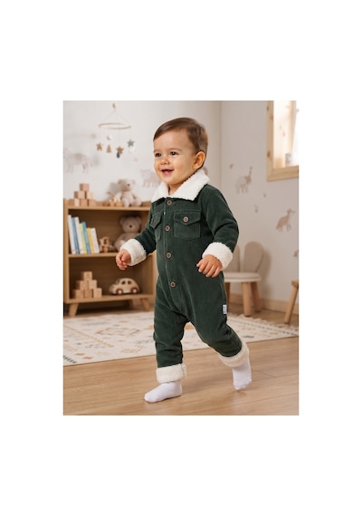 Chicsy Baby Tatlı Premium Çizgili Kadife İçi Peluşlu Welsoft Detaylı Düğmeli Cepli Erkek Bebek Tulum Haki
