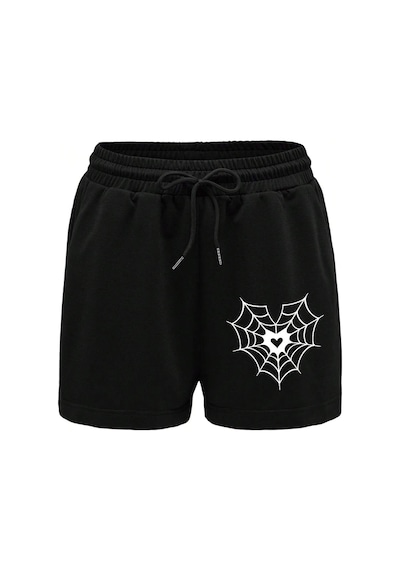 Spider Web & Heart Print Drawstring Waist Şort Siyah