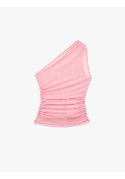 Koton Slim Fit Drapeli Tül Tek Omuz Bluz Pembe 6sak70052ek Gül
