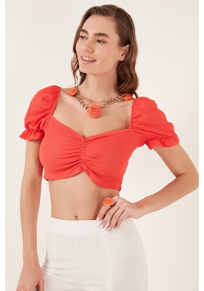 Lela Slim Fit Büzgü Detaylı Kalp Yaka Crop Bayan Bluz 5865601 Nar Çiçeği