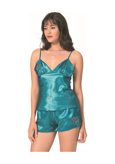 Red Womans Petrol Saten Babydoll Şort Takımı
