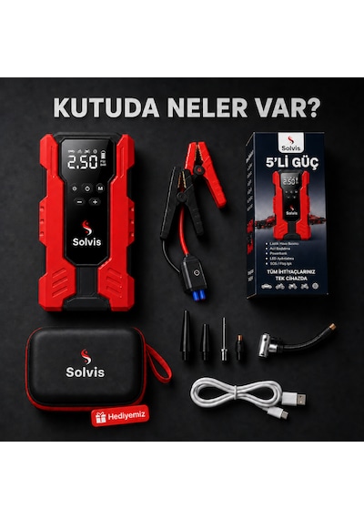 Solvis 4'ü 1 Arada 12v Akıllı Akü Takviye Cihazı, Lastik Şişirme Pompası, Powerbank Ve Led Aydınlatma Çanta Hediyeli