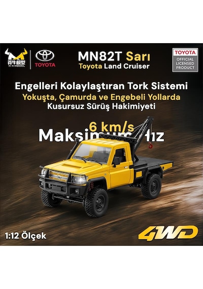 Mn Model Mn82t 1/12 Toyota Land Cruiser Lc79 4wd Rc Model Crawler Offroad Uzaktan Kumandalı Araba Truck Rtr Lisanslı Sarı+elektrikli Vinç+dahili Işık Seti Mn-82t
