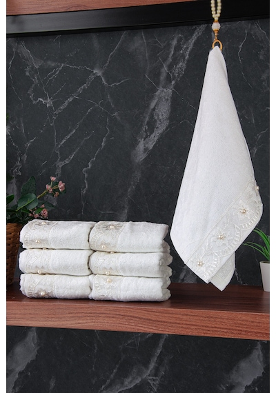 % 100 Pamuklu Kadife Güpürlü İnci Işlemeli 6 Lı Çeyizlik El Yüz Havlu Seti - 30x50 Cm - 04466 - Beyaz Beyaz